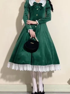 Classical Lolita Dress Velour Short Sleeves Color Block Lolita Dresses Classic Deep Blue