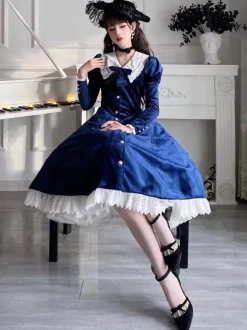 Classical Lolita Dress Velour Short Sleeves Color Block Lolita Dresses Classic Deep Blue
