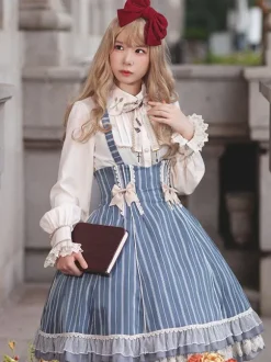 Classical Lolita Dress Cotton Bows Sleeveless Lolita Dresses Stripes Light Sky Blue