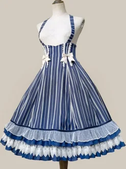 Classical Lolita Dress Cotton Bows Sleeveless Lolita Dresses Stripes Light Sky Blue