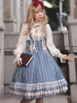 Classical Lolita Dress Cotton Bows Sleeveless Lolita Dresses Stripes Light Sky Blue