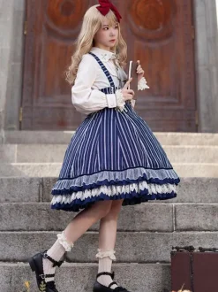 Classical Lolita Dress Cotton Bows Sleeveless Lolita Dresses Stripes Light Sky Blue
