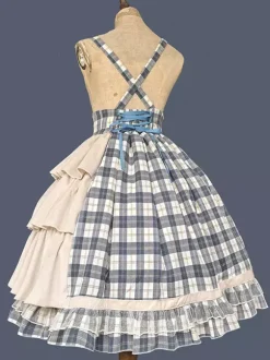 Classical Lolita Dress Cotton Ruffles Sleeveless Checkered Light Sky Blue Lolita Dresses