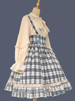 Classical Lolita Dress Cotton Ruffles Sleeveless Checkered Light Sky Blue Lolita Dresses