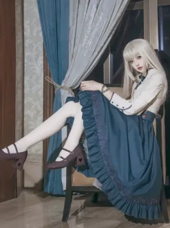 Classical Lolita Dress Dark Navy OP Polyester Lace Up Long Sleeves Lolita Dresses Set