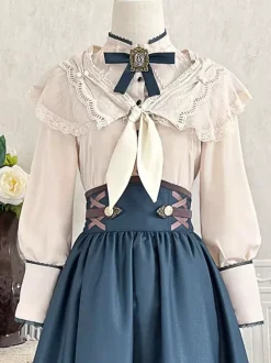 Classical Lolita Dress Dark Navy OP Polyester Lace Up Long Sleeves Lolita Dresses Set