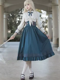 Classical Lolita Dress Dark Navy OP Polyester Lace Up Long Sleeves Lolita Dresses Set