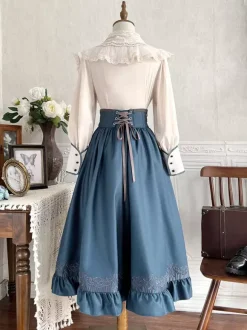 Classical Lolita Dress Dark Navy OP Polyester Lace Up Long Sleeves Lolita Dresses Set