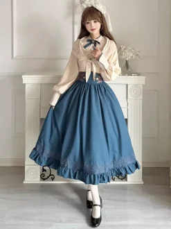 Classical Lolita Dress Dark Navy OP Polyester Lace Up Long Sleeves Lolita Dresses Set