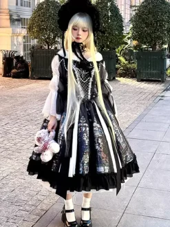 Classical Lolita Dress Long Sleeves Jacquard Lolita Dresses Gothic Black