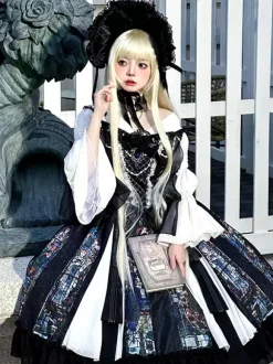 Classical Lolita Dress Long Sleeves Jacquard Lolita Dresses Gothic Black