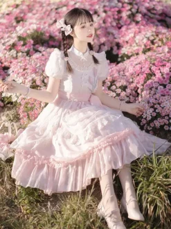 Classical Lolita Dress Polyester Short Sleeves Lolita Dresses Floral Print Classic Pink