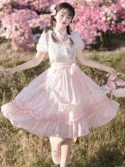 Classical Lolita Dress Polyester Short Sleeves Lolita Dresses Floral Print Classic Pink
