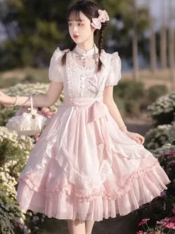 Classical Lolita Dress Polyester Short Sleeves Lolita Dresses Floral Print Classic Pink