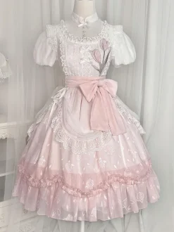 Classical Lolita Dress Polyester Short Sleeves Lolita Dresses Floral Print Classic Pink