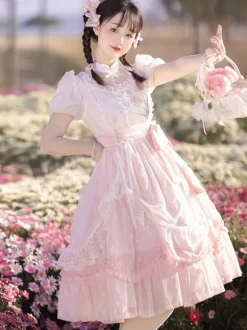 Classical Lolita Dress Polyester Short Sleeves Lolita Dresses Floral Print Classic Pink