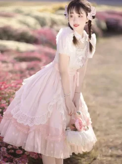 Classical Lolita Dress Polyester Short Sleeves Lolita Dresses Floral Print Classic Pink