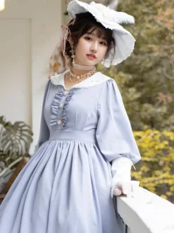Classical Lolita Dress Polyester Ruffles Lolita Dresses Long Sleeves Classic Baby Blue