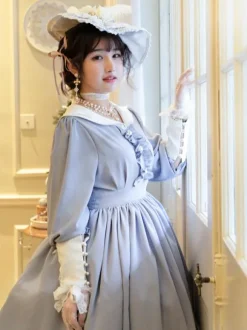 Classical Lolita Dress Polyester Ruffles Lolita Dresses Long Sleeves Classic Baby Blue