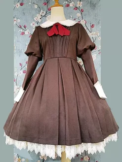 Classical Lolita Dress Polyester Knotted Long Sleeves Lolita Dresses Classic Tan