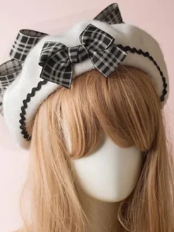 Classic Lolita Beret Plaid Bow Wool Burgundy Lolita Bowler Hat