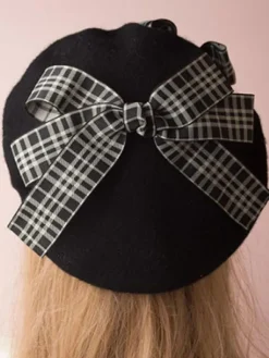 Classic Lolita Beret Plaid Bow Wool Burgundy Lolita Bowler Hat