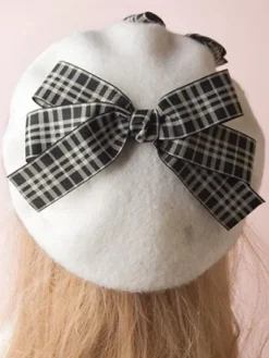 Classic Lolita Beret Plaid Bow Wool Burgundy Lolita Bowler Hat