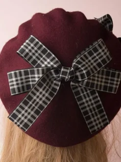 Classic Lolita Beret Plaid Bow Wool Burgundy Lolita Bowler Hat