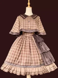 Classic Lolita Poncho Infanta Light Sky Blue Cotton Bows Plaid Fall Lolita Outwears