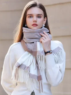 Classic Plaid Scarf With Fringe Daily Casual Scarves For Women