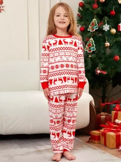 Classic Red White Reindeer Print Family Christmas Pajamas Holiday Set 2026