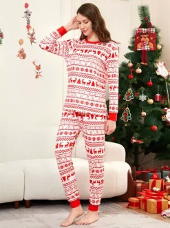 Classic Red White Reindeer Print Family Christmas Pajamas Holiday Set 2026