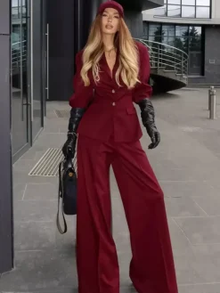Classy Power Suit Women Office Set - Wine Red Chic Notch Lapel Gold Button Wide Leg Pants - Spring Business Party 2026