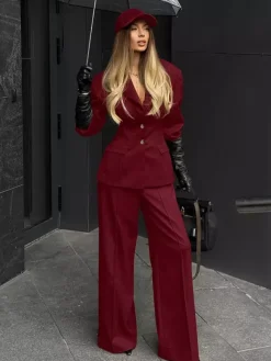 Classy Power Suit Women Office Set - Wine Red Chic Notch Lapel Gold Button Wide Leg Pants - Spring Business Party 2026
