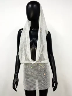 Club Dress Black Hooded Rhinestones Sleeveless Sexy Dress