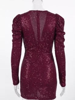 Club Dress Burgundy V-Neck Chains Long Sleeves Sexy Dress