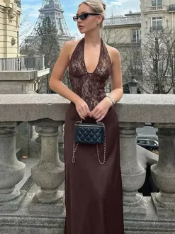 Club Dress Coffee Brown Halter Lace Sleeveless Sexy Dress