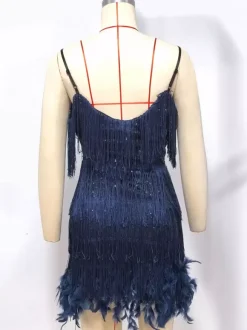 Club Dress Dark Green Straps Neck Fringe Sleeveless Polyester Backless Sexy Dress