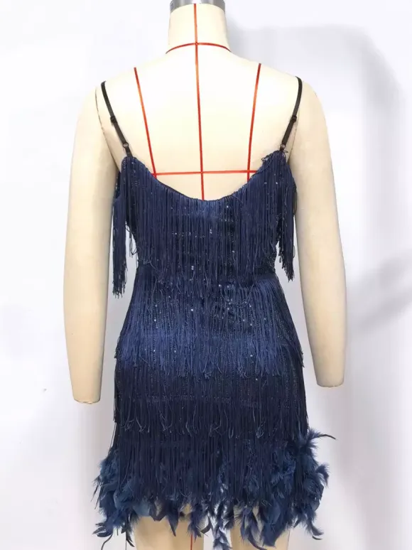 Club Dress Dark Green Straps Neck Fringe Sleeveless Polyester Backless Sexy Dress