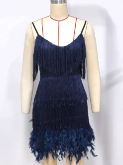 Club Dress Dark Green Straps Neck Fringe Sleeveless Polyester Backless Sexy Dress