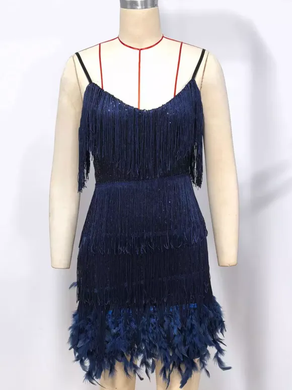Club Dress Dark Green Straps Neck Fringe Sleeveless Polyester Backless Sexy Dress