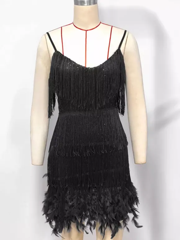 Club Dress Dark Green Straps Neck Fringe Sleeveless Polyester Backless Sexy Dress