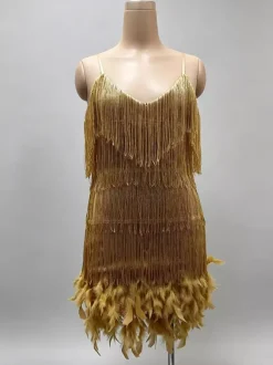 Club Dress Dark Green Straps Neck Fringe Sleeveless Polyester Backless Sexy Dress