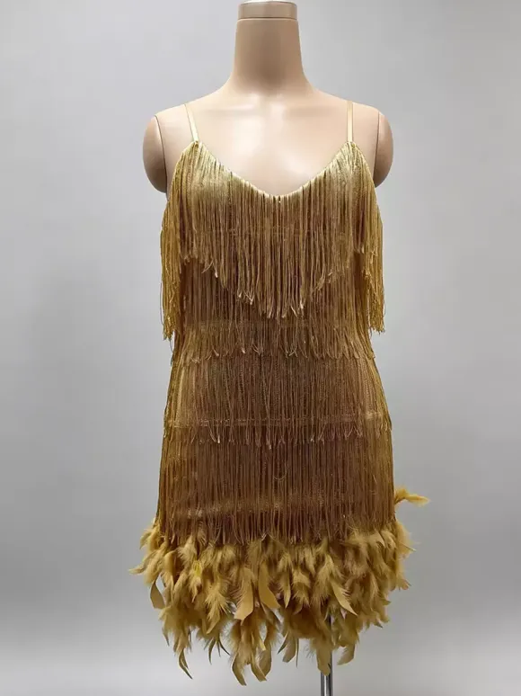 Club Dress Dark Green Straps Neck Fringe Sleeveless Polyester Backless Sexy Dress