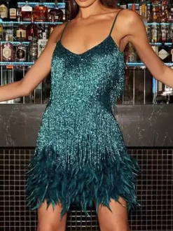 Club Dress Dark Green Straps Neck Fringe Sleeveless Polyester Backless Sexy Dress