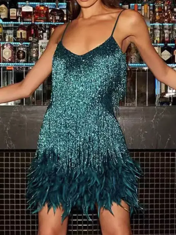 Club Dress Dark Green Straps Neck Fringe Sleeveless Polyester Backless Sexy Dress