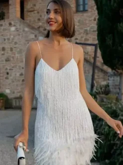 Club Dress Dark Green Straps Neck Fringe Sleeveless Polyester Backless Sexy Dress