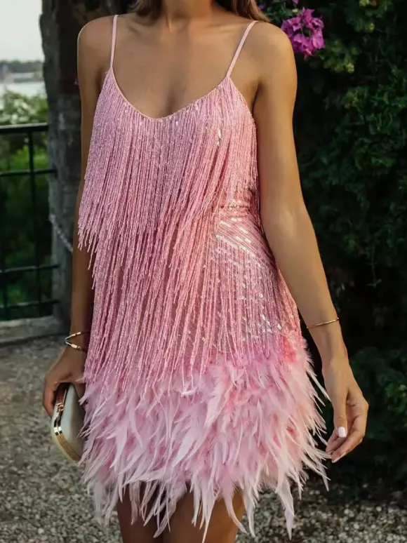 Club Dress Dark Green Straps Neck Fringe Sleeveless Polyester Backless Sexy Dress