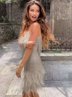 Club Dress Dark Green Straps Neck Fringe Sleeveless Polyester Backless Sexy Dress