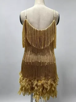 Club Dress Dark Green Straps Neck Fringe Sleeveless Polyester Backless Sexy Dress